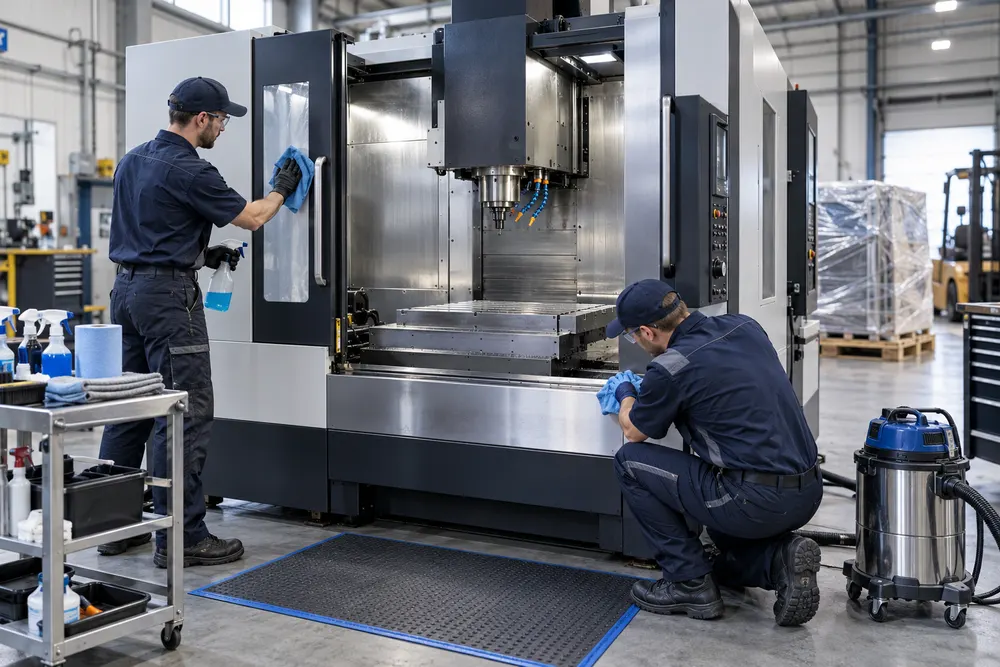 Technicians cleaning and preparing a CNC machining center