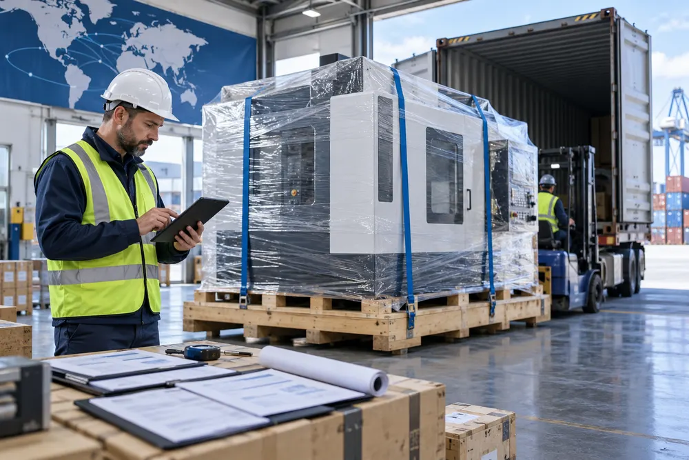 Export specialist reviewing freight documents beside a wrapped CNC machine