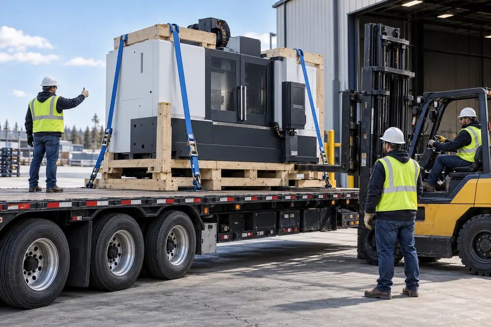 CNC machining center being secured on a commercial flatbed trailer