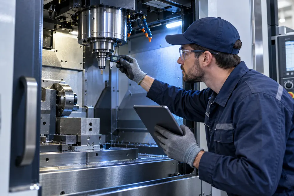 Technician inspecting a CNC machining center spindle