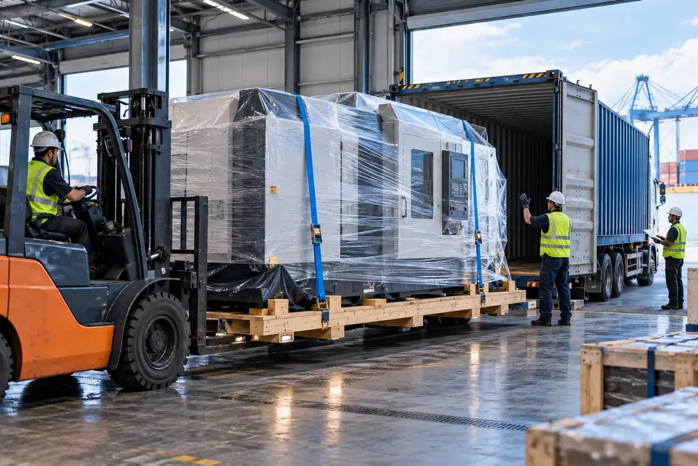 Wrapped CNC machinery being prepared for international shipping
