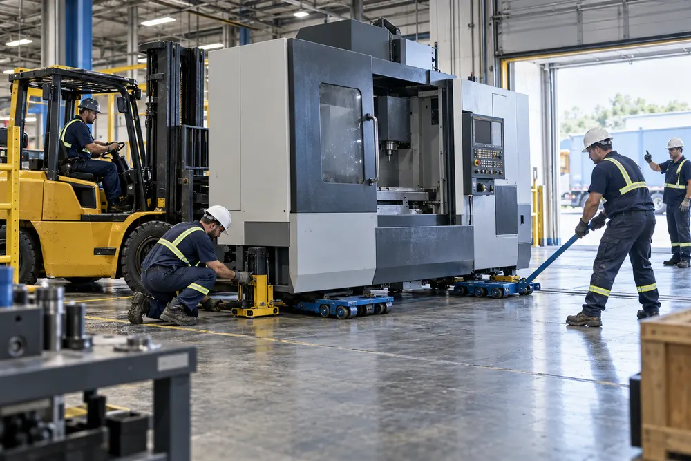 Professional riggers safely moving a CNC machine on machinery skates