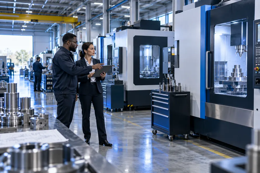 Machinery specialists reviewing CNC equipment in a production facility