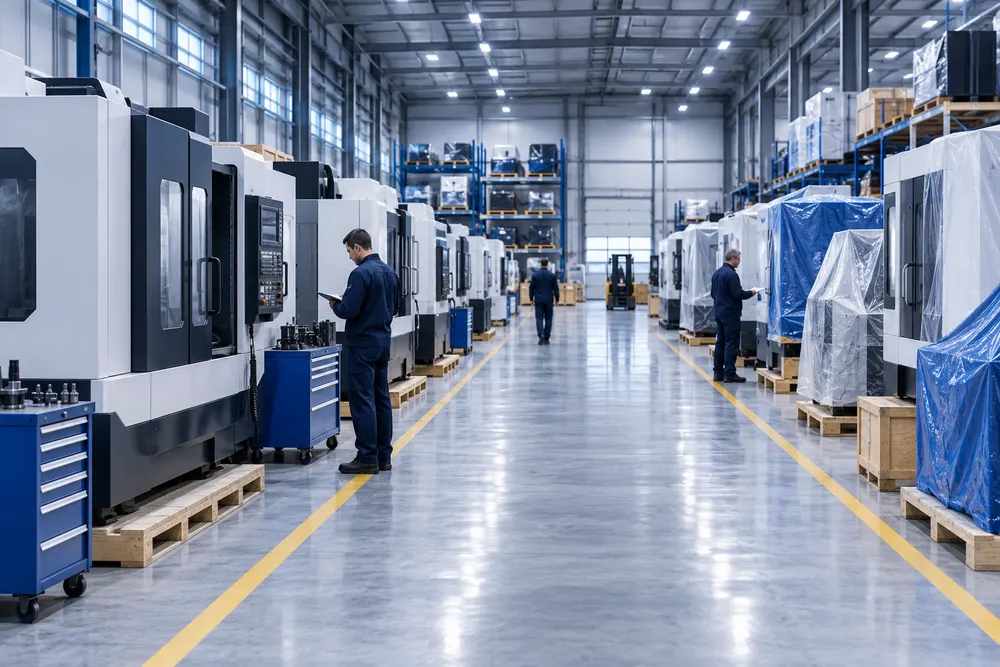 CNC machines organized inside a secure industrial warehouse